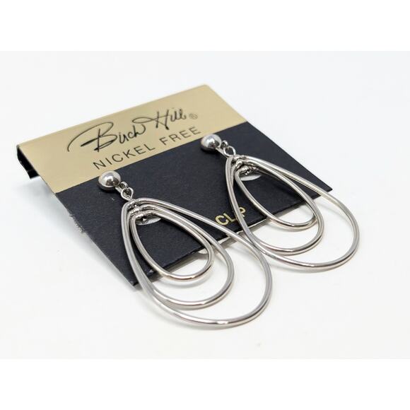 Birch Hill Silver Tone Dangle Concentric Oval Layered Clip On Earrings New - Picture 2 of 3